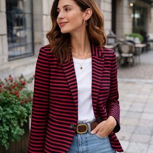 LOFT Striped Blazer Red Navy Preppy Nautical Tailored Jacket 6 Cotton Officecore